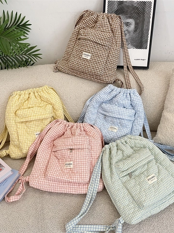 Karierter Gesteppter Kordelzug Rucksack Herzmuster Polyester Weich Lässig Student Schultasche Für Frauen