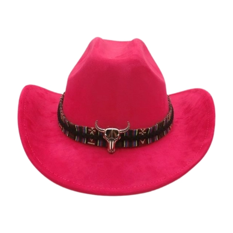 Vintage Western Cowboy Hut Damen Ethno Webband Metall Stierkopf Wildleder Fedora Hut Outdoor Urlaub Breitkrempiger Sonnenhut