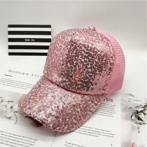 Sequin Baseball Cap Shiny Mesh Trucker Hat Breathable Adjustable Sun Protection Fashion Streetwear For Women