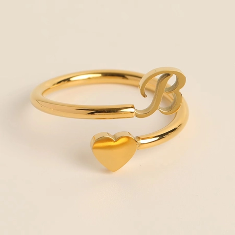 Initial Herz Buchstabe Ring Kupfer Vergoldet Offen Verstellbar Modeschmuck Geschenk Für Frauen Mädchen Elegant