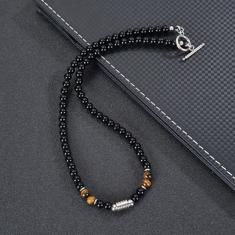 Natural Tiger Eye And Obsidian Stone Beaded Necklace For Men With Stainless Steel Toggle Clasp Fashion Jewelry Gift