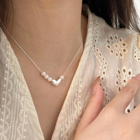 Artificial Pearl Heart Pendant Necklace 925 Sterling Silver Minimalist Elegant Jewelry Sweet Style Women