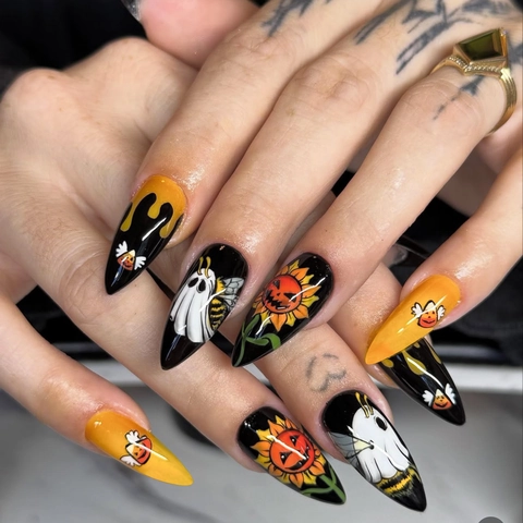 Halloween Press On Nails Long Stiletto Λευκό Φάντασμα Κίτρινο Ηλιοτρόπιο Κολοκύθα Μέλισσα Ζωγραφισμένο Στο Χέρι Πλαστικό DIY
