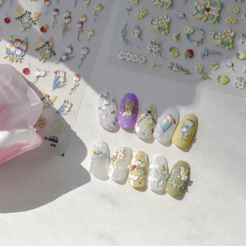 Geprägte Nagelkunst Aufkleber 5D Blumen Fee Hase Pastoralen Stil DIY Maniküre Dekoration