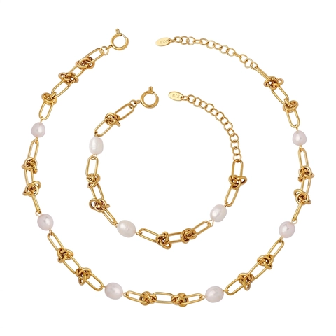 Süßwasserperlen Halskette Und Armband Titanstahl 18K Vergoldet Französisch Vintage Twist Knot Kette Für Damen
