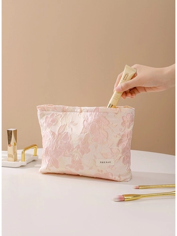 Makeup Bag Jacquard Floral Embossed Portable Travel Cosmetic Toiletry Storage Organizer Pink Sweet Style Women