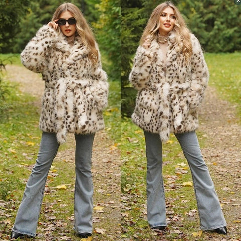 Cappotto In Pelliccia Sintetica Da Donna Stampa Leopardata Chic Con Cintura Collo Revers Giacca Invernale Elegante