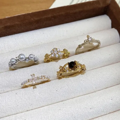 French Elegant Zircon Artificial Pearl Open Rings For Women Alloy Gold Plated Adjustable Finger Jewelry Vintage Style Accessory