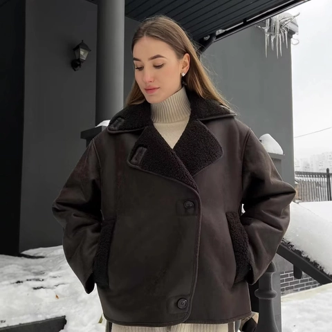 Women Faux Suede Shearling Jacket Lapel Long Sleeve Button Up Oversized Warm Winter Aviator Biker Outwear