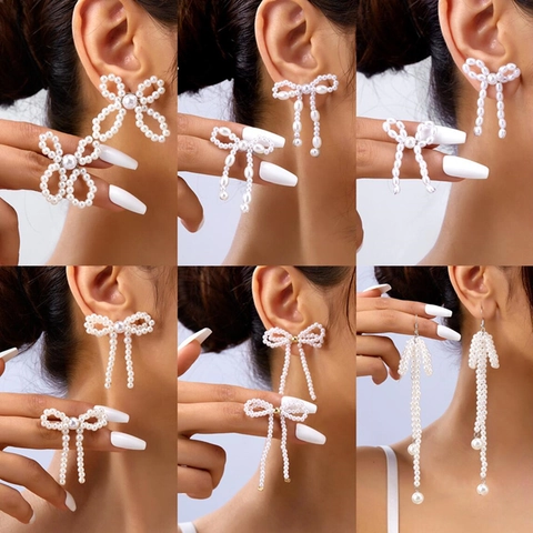 Eleganti Orecchini a Fiocco con Perle Artificiali per Donna Orecchini Pendenti con Frange di Perle in Lega Gioielli alla Moda
