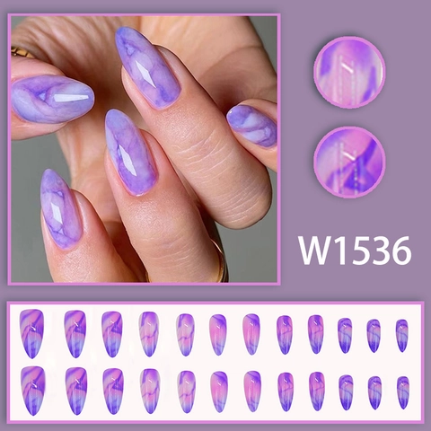 Press On Nails Lila Marmor Mandelform Glänzend Künstliche Falsche Fingernägel Maniküre Salon Qualität Elegant