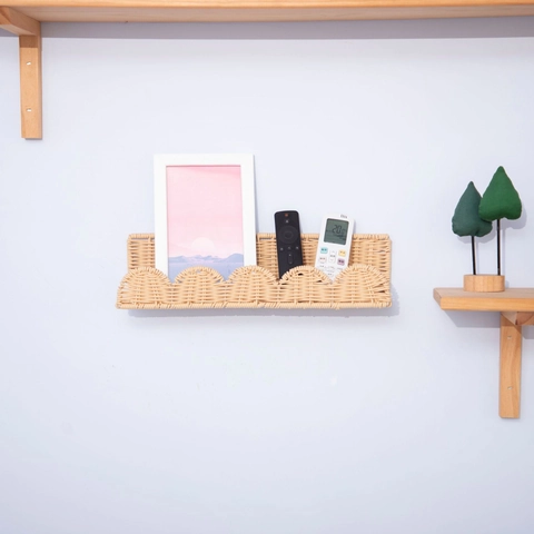 Woven Wall Hanging Basket Scalloped Edge Storage Shelf Plastic Rattan Decorative Organizer Living Room Bathroom Nordic