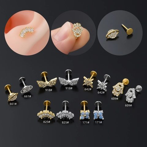 Geometrische Labret Stud Piercing Sieraden Koper Zirkoon Opaal Planeet Vlinder Hamsa Hand Platte Achterkant Oorkraakbeen Nagel Voor Vrouwen