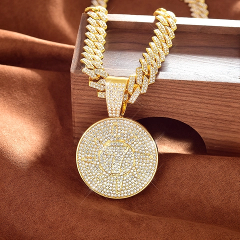 Hip Hop Iced Out Sonne Rundplatte Anhänger Halskette Legierung Strass Kuba Kette Nummer 7 Glitzernder Schmuck Für Damen Herren