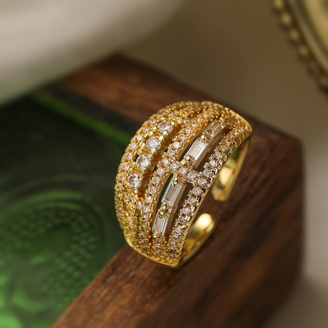 European Fashion Copper Gold Plated Zirconia Geometric Open Ring For Women Adjustable Minimalist Jewelry Finger Ring