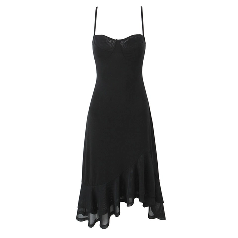 Vestido Midi De Tirantes Finos Poliéster Patchwork De Malla Escote Corazón Volantes Dobladillo Irregular Sexy Ajustado Fiesta Mujer