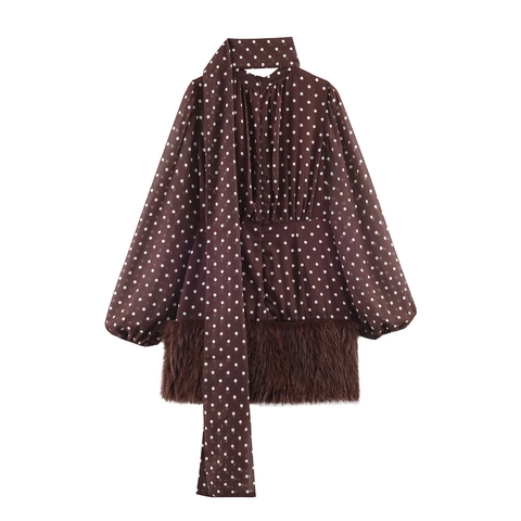 Polka Dot Chiffon Mini Jurk Met Strikkraag Lange Mouwen Namaakbont Zoom Bodycon Sexy Elegant Bruin Voor Dames