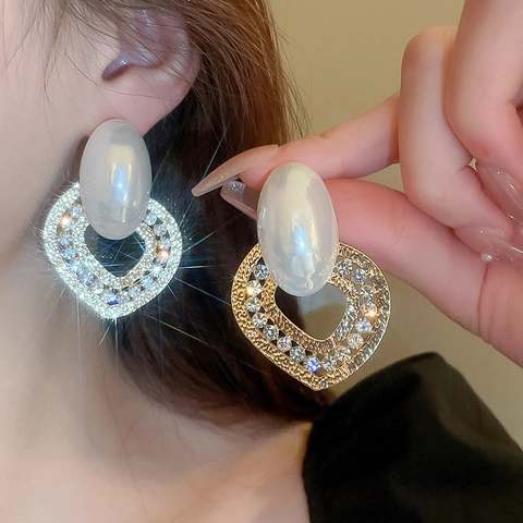Heart Drop Earrings With Faux Artificial Pearl And Rhinestone Alloy Luxury French Vintage Style Jewelry For Women Silver Earring Post