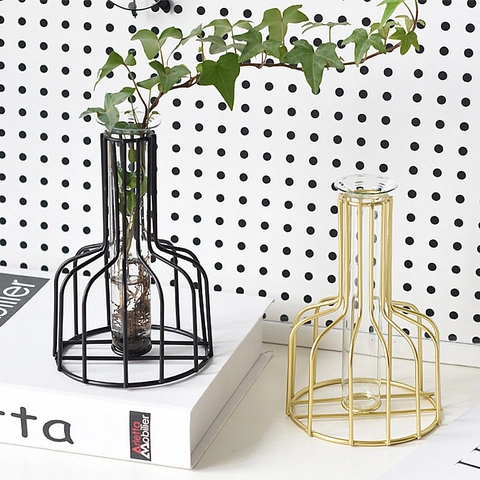 Vase Hydroponique En Fer Nordique Avec Tube À Essai En Verre Décoration De Table Support De Plante Moderne Or Noir