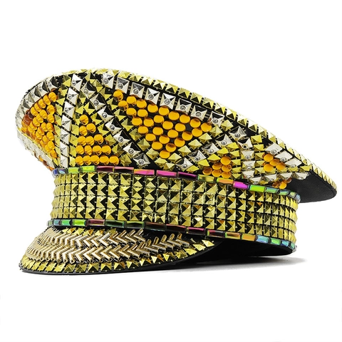 Sombrero De Capitán Con Diamantes De Imitación Dorados Y Cadenas De Metal Gorra Militar De Actuación Para Festival Fiesta Carnaval Unisex