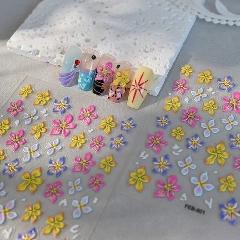 Autocollants Art Des Ongles Relief 5D Fleurs Colorées Auto-Adhésifs Décoration Manucure DIY Pour Femmes
