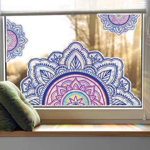 Rainbow Mandala Window Sticker 3D Static Cling Glass Film Decorative Rainbow Sun Catcher Decal For Home Office Living Room