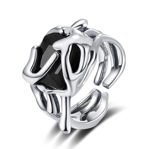 Vintage Irregular Molten Metal Copper Ring With Black Zirconia For Women Exaggerated Gothic Adjustable Open Index Finger Ring