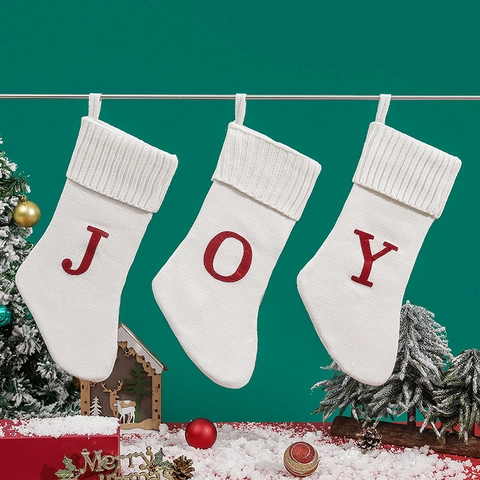 Calza Di Natale In Lana A Maglia Lettera Alfabeto Ricamata Sacco Regalo Appeso Festivo Bianco Rosso