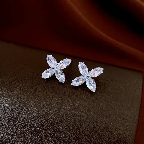 Flower Stud Earrings With Marquise Zircon And Silver Earring Post Shiny Copper Elegant Jewelry Gift For Women