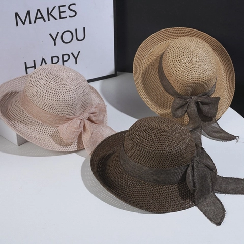 Damen Sommer Strohhut Faltbar Breite Krempe Sonnenschutz Atmungsaktiv Strandhut Mit Schleife Elegant Urlaub