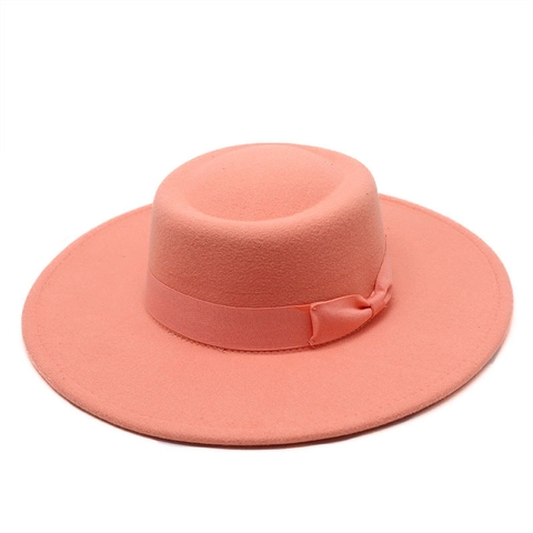 Unisex Eleganter Flacher Wollfilz Fedora Hut Britischer Stil Breite Krempe Boater Hut Mit Schleifenband Mode Sonnenhut