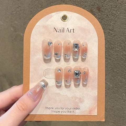 Handgefertigte Press On Nägel Silber Rosa Farbverlauf Glitzer Lange Sargform Falsche Nägel Mit 3D Strass Kristall