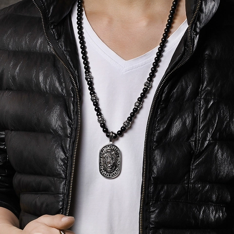 Collar Con Colgante De Cabeza De León Punk Para Hombre Acero Inoxidable 316L Hematita Cuentas De Vidrio Joyería