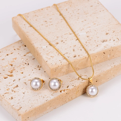 Collana E Orecchini In Acciaio Inossidabile 304 Pendente Perla Artificial Tonda Strass Catena Serpente Gioielli Per Donne