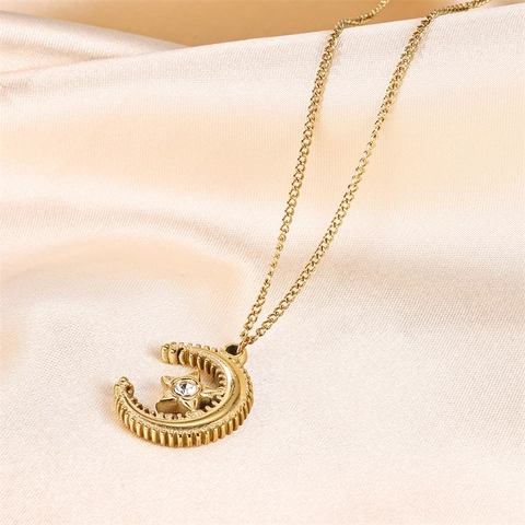 Fashion Stainless Steel Moon Star Pendant Necklace Gold Rhinestone Crescent Celestial Jewelry Gift For Men Women
