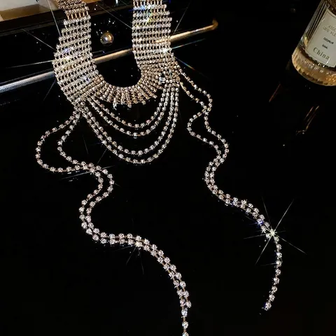 Rhinestone Fransen Choker Halskette Legierung Mehrlagig Lange Quaste Funkelnd Übertriebener Luxus Abendparty Schmuck Für Damen