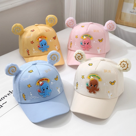 Cappellino Da Baseball Per Bambini Con Orecchie Carine Ricamo Polpo Vita Marina Misto Cotone Cappello Da Sole Regolabile