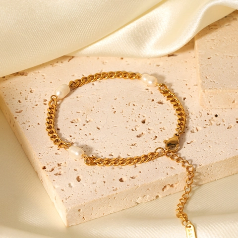 Bracelet Perle D'eau Douce Plaqué Or 18K Acier Inoxydable Chaîne Cuban Réglable Bijoux Rétro Français Pour Femmes