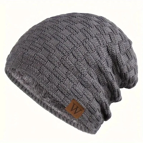Berretto In Maglia Invernale Da Uomo Beanie Foderato In Pile Spesso Caldo Cappello Di Lana Con Toppa In Pelle