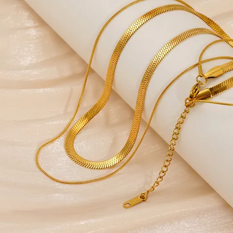 Double Layer Herringbone And Snake Chain Necklace Stainless Steel 18K Gold Plated Stackable Flat Minimalist Jewelry Women