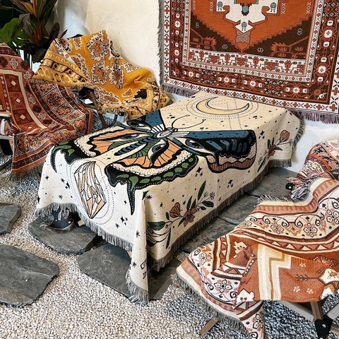 Bohemian Butterfly Moon Star Woven Cotton Throw Blanket Sofa Cover With Tassels Mystical Decorative Tapestry Camping