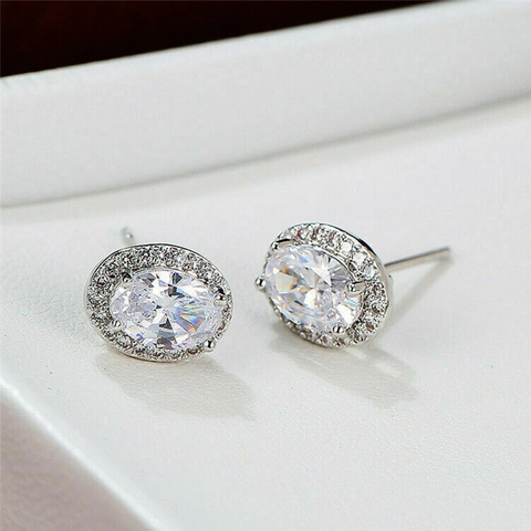 Oval Halo Stud Earrings Copper Cubic Zirconia Inlaid Elegant Jewelry For Women Silver Tone
