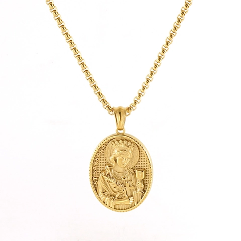 St Barbara Religious Pendant Necklace 18K Gold Plated Stainless Steel Oval Medal Embossed Vintage Style For Women