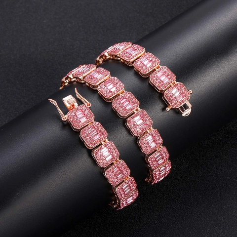 Hip Hop Halskette Legierung Roségold Vergoldet Rosa Zirkon Iced Out Sugar Link Kette Street Schmuck Für Damen Herren