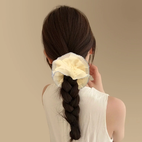 Sweet French Style Double Layer Pleated Fabric Scrunchie With Scalloped Lace Trim Elastic Hair Tie For Women Girls