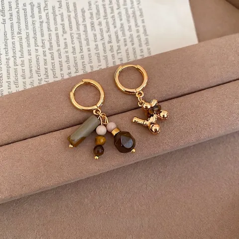 Asymmetrical Balloon Dog Tiger's Eye Earrings Copper With Silver Earring Post Vintage Multi Bead Tassel Drop For Women