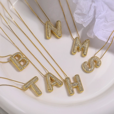 Initial Letter Pendant Necklace Copper Cubic Zirconia Bubble Shiny Trendy Commute Style Jewelry Women