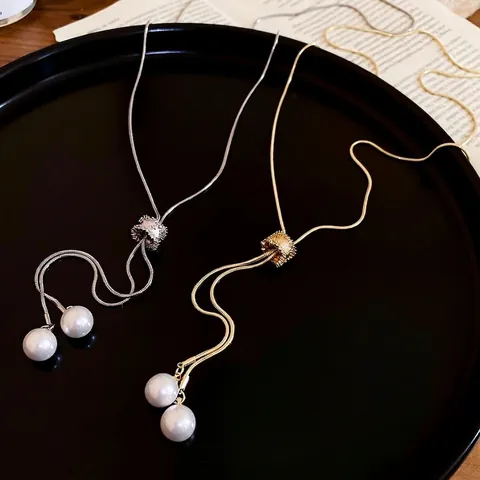 Long Y-Shaped Necklace Faux Artificial Pearl Pendants Minimalist Adjustable Snake Chain Copper Zirconia Elegant Women Jewelry