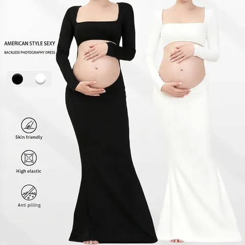 Umstandskleid Fotografie Langarm Eckiger Ausschnitt Rückenfrei Meerjungfrau Bodenlang Kleid Für Schwangere