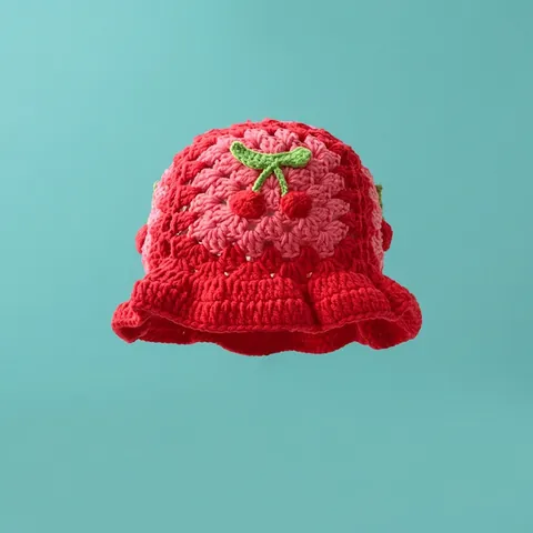 Handmade Crochet Knitted Bucket Hat For Women Funny Animal Ear Winter Warm Acrylic Beanie Hat Bohemian Floral Striped Patchwork Headgear Accessory